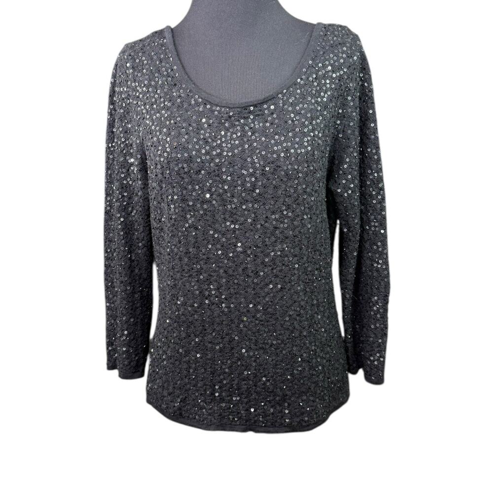 Talbots Collection Black Merino Wool Sequin‎ Sweater Sz Med Vintage Classic EUC